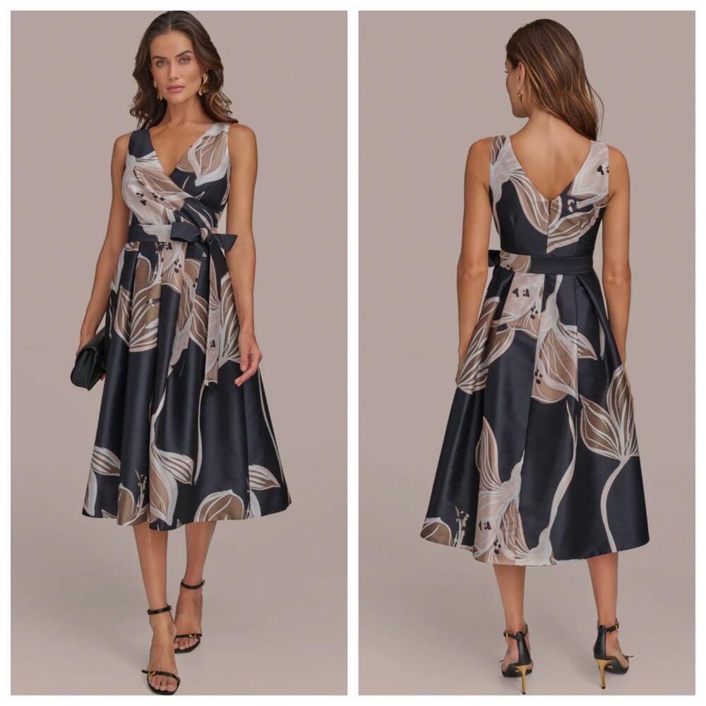 Donna Karan Floral Midi Dress Size 12 Fit Flare Belted Black Tan NWT Chic